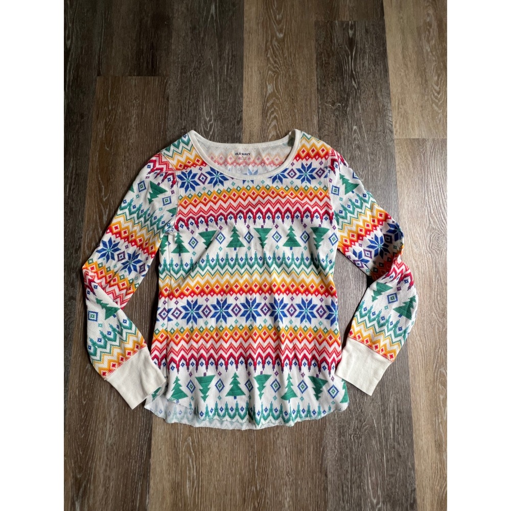 Old Navy Thermal Top Womens Medium Rainbow Excellent Fair Isle Christmas Tree